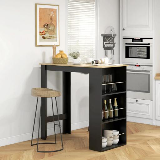 Mesa Alta de Bar Mesa de Cocina con 3 Estantes Marco de Madera Estilo Moderno 112x57x106 cm Negro y Natural