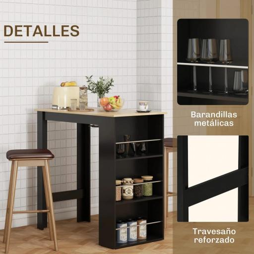Mesa Alta de Bar Mesa de Cocina con 3 Estantes Marco de Madera Estilo Moderno 112x57x106 cm Negro y Natural [3]