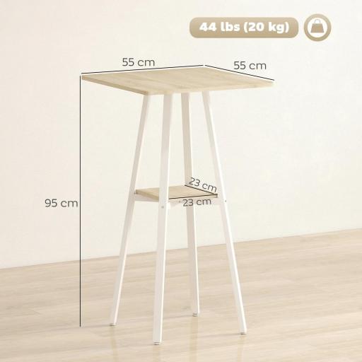 Mesa Alta Cocina Cuadrada con Estante para 2 Personas Patas de Metal 55x55x95 cm Madera Natural y Blanco [1]