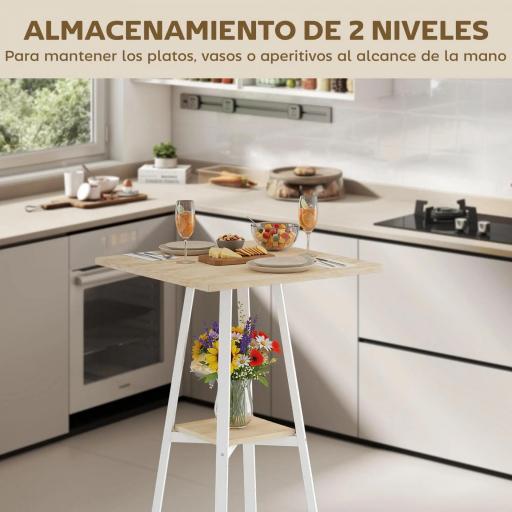 Mesa Alta Cocina Cuadrada con Estante para 2 Personas Patas de Metal 55x55x95 cm Madera Natural y Blanco [3]