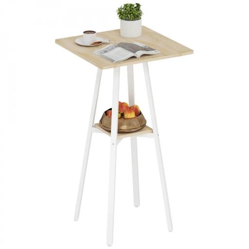 Mesa Alta Cocina Cuadrada con Estante para 2 Personas Patas de Metal 55x55x95 cm Madera Natural y Blanco [8]