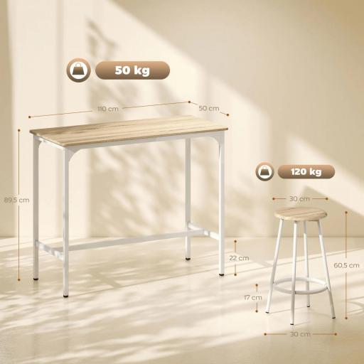 Set de Mesa de Bar y 4 Taburetes Estilo Industrial Marco de Metal para Cocina Salón Natural y Blanco