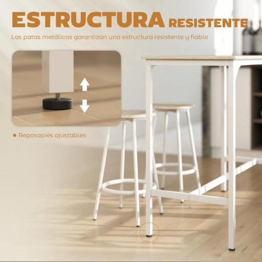Set de Mesa de Bar y 4 Taburetes Estilo Industrial Marco de Metal para Cocina Salón Natural y Blanco [3]