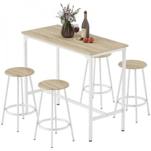 Set de Mesa de Bar y 4 Taburetes Estilo Industrial Marco de Metal para Cocina Salón Natural y Blanco [7]