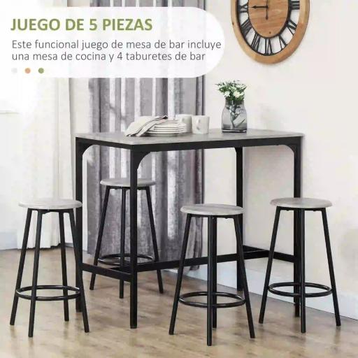 Set de Mesa de Bar y 4 Taburetes Estilo Industrial Marco de Metal para Cocina Salón Gris y Negro [2]