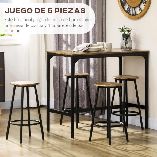 Set de Mesa Bar y 4 Taburetes Muebles Altos con Mesa de 110x50x89,5 cm y Taburetes de Ø30x60,5 cm Negro y Madera [2]