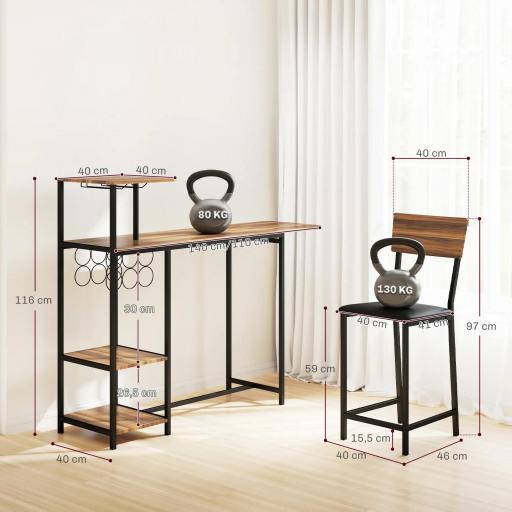 Conjunto de Mesa de Bar con Laterales Abatibles Soporte para Vinos y 2 Taburetes de Estilo Industrial Marrón y Negro [1]