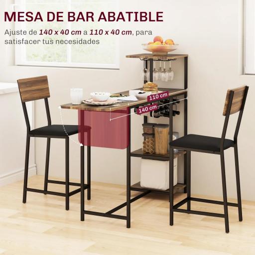 Conjunto de Mesa de Bar con Laterales Abatibles Soporte para Vinos y 2 Taburetes de Estilo Industrial Marrón y Negro [2]
