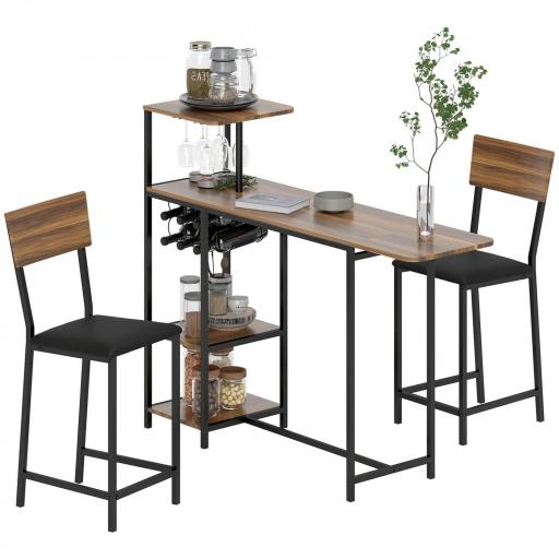 Conjunto de Mesa de Bar con Laterales Abatibles Soporte para Vinos y 2 Taburetes de Estilo Industrial Marrón y Negro [8]