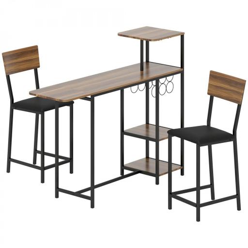 Conjunto de Mesa de Bar con Laterales Abatibles Soporte para Vinos y 2 Taburetes de Estilo Industrial Marrón y Negro [6]