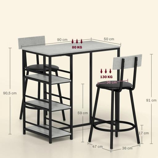 Conjunto de Mesa de Bar con 2 Taburetes Estantes Laterales Asiento Acolchado y Barra para Descanso de Pies Gris Oscuro [1]