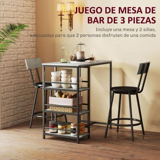 Conjunto de Mesa de Bar con 2 Taburetes Estantes Laterales Asiento Acolchado y Barra para Descanso de Pies Gris Oscuro [5]
