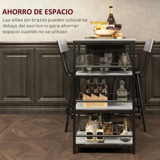 Conjunto de Mesa de Bar con 2 Taburetes Estantes Laterales Asiento Acolchado y Barra para Descanso de Pies Gris Oscuro [3]