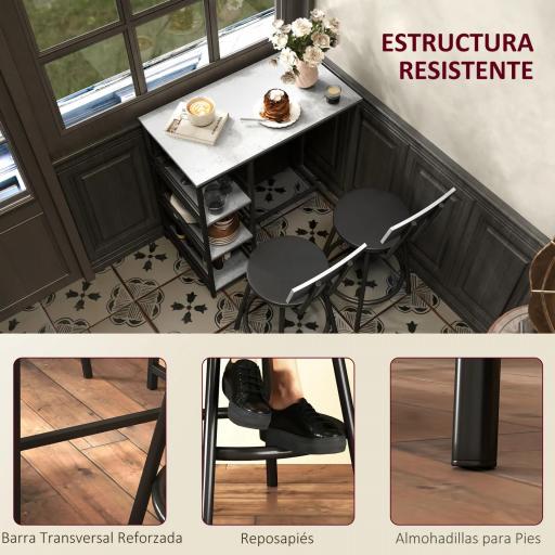 Conjunto de Mesa de Bar con 2 Taburetes Estantes Laterales Asiento Acolchado y Barra para Descanso de Pies Gris Oscuro [4]