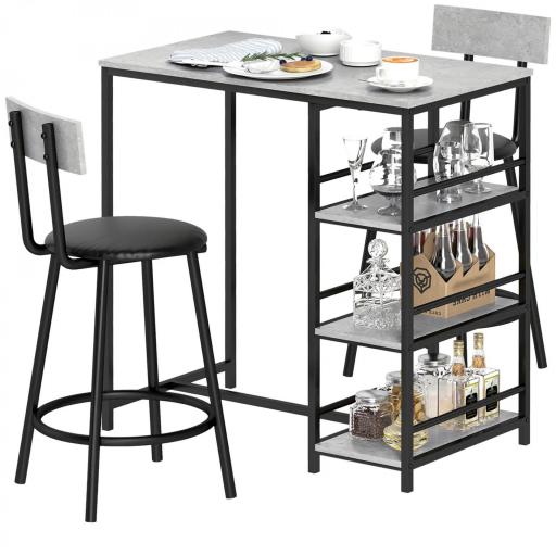 Conjunto de Mesa de Bar con 2 Taburetes Estantes Laterales Asiento Acolchado y Barra para Descanso de Pies Gris Oscuro [8]