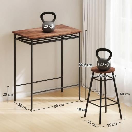 Mesa Alta de Cocina con 2 Taburetes Industrial Estante Abierto Reposapiés Ahorro de Espacio para Espacios Reducidos [1]
