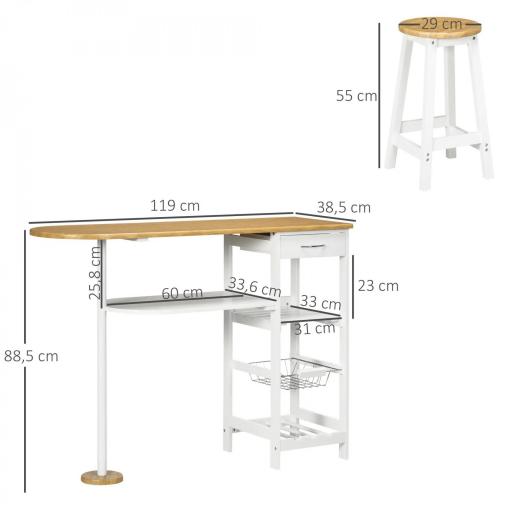Set de Mesa de Bar de 119x38,5x88,5 cm con Cesta Extraíble y Botellero y 2 Taburetes de 29x29x55 cm Blanco [1]