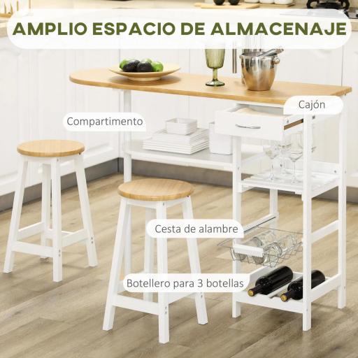 Set de Mesa de Bar de 119x38,5x88,5 cm con Cesta Extraíble y Botellero y 2 Taburetes de 29x29x55 cm Blanco [2]
