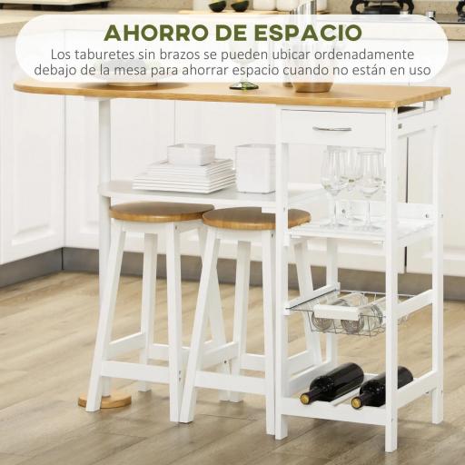 Set de Mesa de Bar de 119x38,5x88,5 cm con Cesta Extraíble y Botellero y 2 Taburetes de 29x29x55 cm Blanco [3]