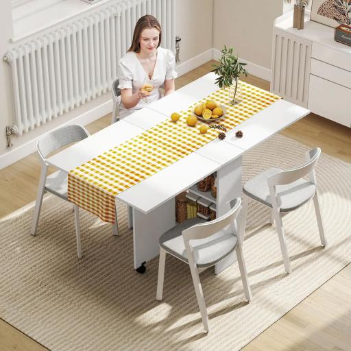 Mesa de Comedor Plegable Mesa de Madera con 2 Solapas 2 Estantes de Almacenaje y Ruedas para Cocina 80x140x74 cm Blanco
