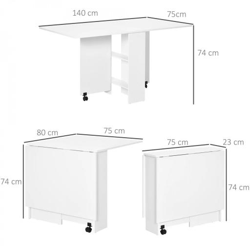 Mesa de Comedor Plegable Mesa de Madera con 2 Solapas 2 Estantes de Almacenaje y Ruedas para Cocina 80x140x74 cm Blanco [1]