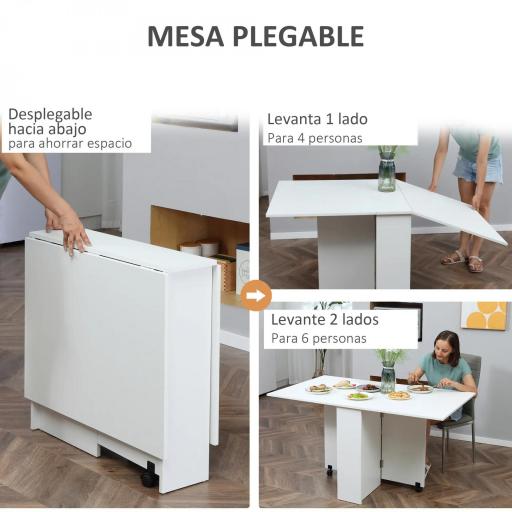 Mesa de Comedor Plegable Mesa de Madera con 2 Solapas 2 Estantes de Almacenaje y Ruedas para Cocina 80x140x74 cm Blanco [2]