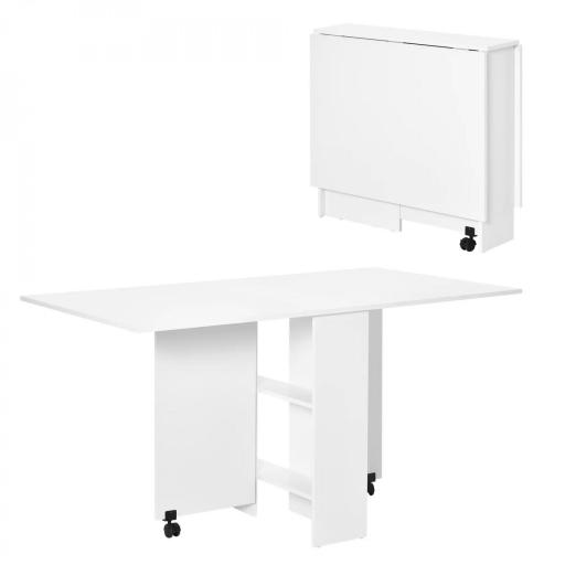 Mesa de Comedor Plegable Mesa de Madera con 2 Solapas 2 Estantes de Almacenaje y Ruedas para Cocina 80x140x74 cm Blanco [8]