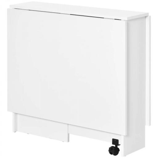 Mesa de Comedor Plegable Mesa de Madera con 2 Solapas 2 Estantes de Almacenaje y Ruedas para Cocina 80x140x74 cm Blanco [9]