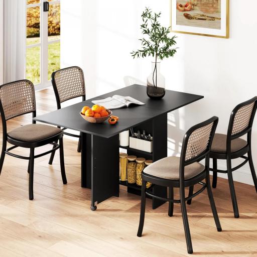 Mesa de Cocina Plegable con 2 Ruedas 2 Estantes de Almacenaje y 2 Alas Abatibles Estilo Moderno 75x140x74 cm Negro