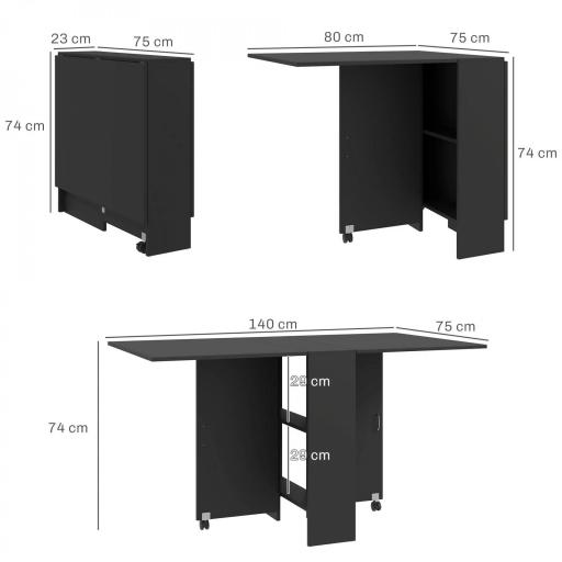 Mesa de Cocina Plegable con 2 Ruedas 2 Estantes de Almacenaje y 2 Alas Abatibles Estilo Moderno 75x140x74 cm Negro [1]