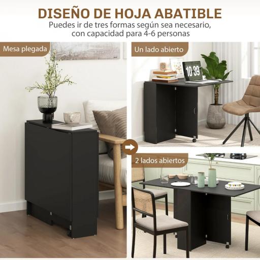 Mesa de Cocina Plegable con 2 Ruedas 2 Estantes de Almacenaje y 2 Alas Abatibles Estilo Moderno 75x140x74 cm Negro [2]