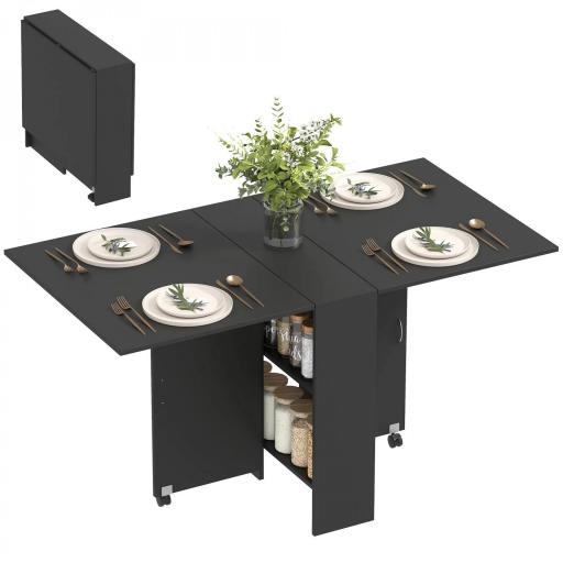 Mesa de Cocina Plegable con 2 Ruedas 2 Estantes de Almacenaje y 2 Alas Abatibles Estilo Moderno 75x140x74 cm Negro [8]