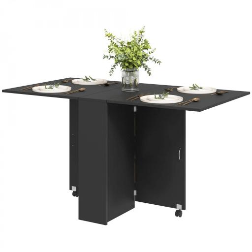 Mesa de Cocina Plegable con 2 Ruedas 2 Estantes de Almacenaje y 2 Alas Abatibles Estilo Moderno 75x140x74 cm Negro [9]