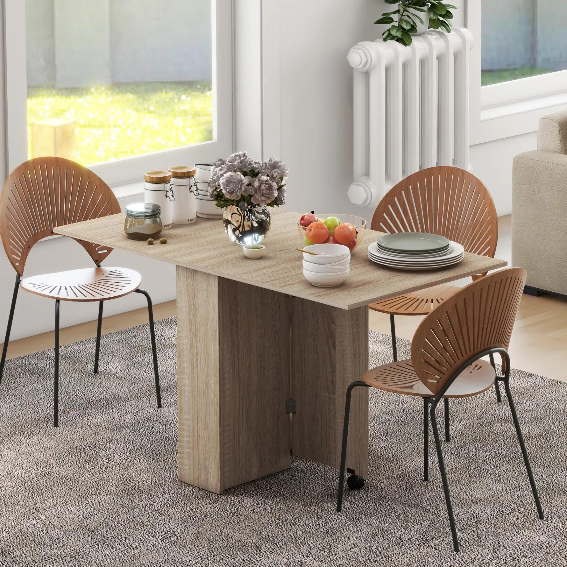 Mesa Plegable con 2 Alas Abatibles de Madera 2 Estantes y Ruedas para Cocina Comedor 75x140x74 cm Madera Natural