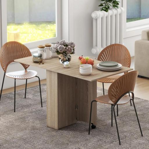 Mesa Plegable con 2 Alas Abatibles de Madera 2 Estantes y Ruedas para Cocina Comedor 75x140x74 cm Madera Natural