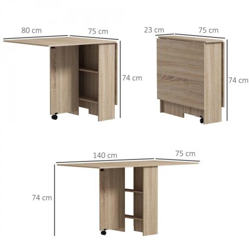 Mesa Plegable con 2 Alas Abatibles de Madera 2 Estantes y Ruedas para Cocina Comedor 75x140x74 cm Madera Natural [1]