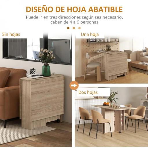 Mesa Plegable con 2 Alas Abatibles de Madera 2 Estantes y Ruedas para Cocina Comedor 75x140x74 cm Madera Natural [3]