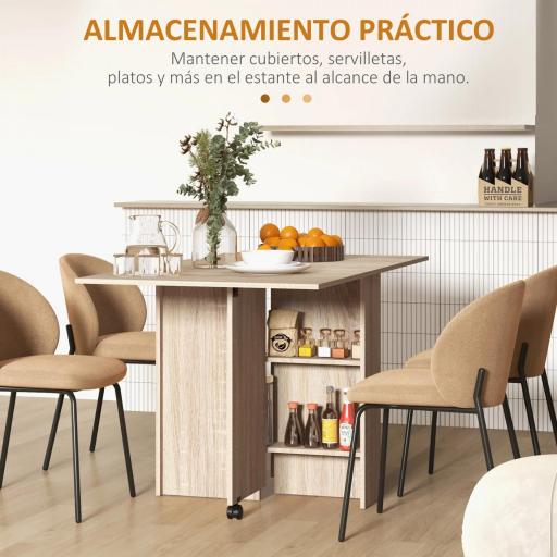 Mesa Plegable con 2 Alas Abatibles de Madera 2 Estantes y Ruedas para Cocina Comedor 75x140x74 cm Madera Natural [2]