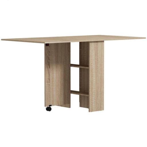Mesa Plegable con 2 Alas Abatibles de Madera 2 Estantes y Ruedas para Cocina Comedor 75x140x74 cm Madera Natural [8]