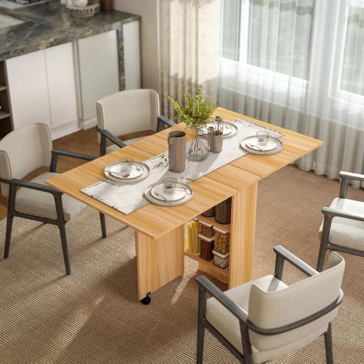 Mesa de Comedor Plegable con Ruedas Mesa Auxiliar Multifuncional con Alas Abatibles y Estantes 140x80x74cm Madera