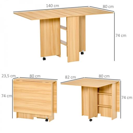 Mesa de Comedor Plegable con Ruedas Mesa Auxiliar Multifuncional con Alas Abatibles y Estantes 140x80x74cm Madera [1]
