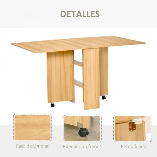Mesa de Comedor Plegable con Ruedas Mesa Auxiliar Multifuncional con Alas Abatibles y Estantes 140x80x74cm Madera [5]