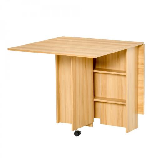 Mesa de Comedor Plegable con Ruedas Mesa Auxiliar Multifuncional con Alas Abatibles y Estantes 140x80x74cm Madera [9]
