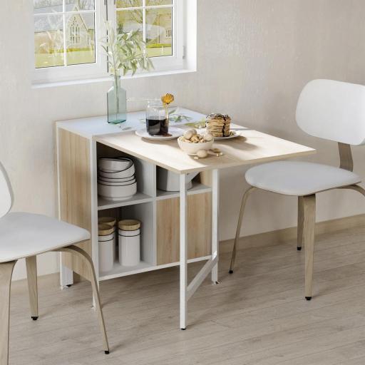 Mesa Plegable de Comedor, Mesa de Cocina Plegable, con Alas Abatibles, 4 Compartimentos, 3 Formas, Hasta 4 Personas, para Salón, Espacio Pequeño, 169x60x75 cm, Roble y Blanco [7]