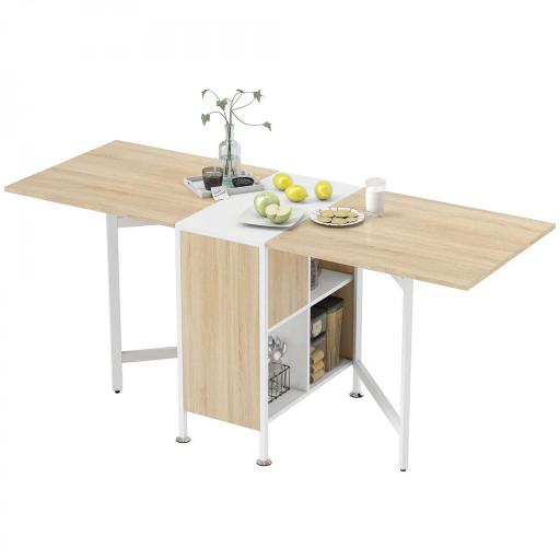 Mesa Plegable de Comedor, Mesa de Cocina Plegable, con Alas Abatibles, 4 Compartimentos, 3 Formas, Hasta 4 Personas, para Salón, Espacio Pequeño, 169x60x75 cm, Roble y Blanco [9]