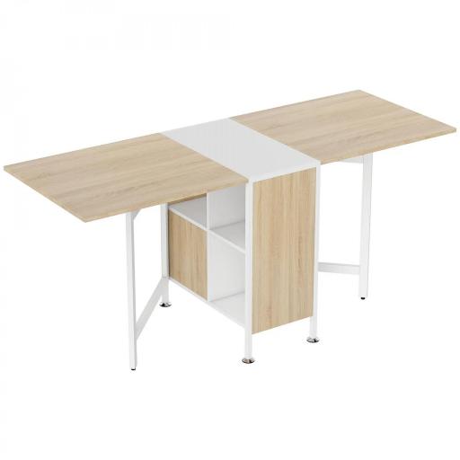 Mesa Plegable de Comedor, Mesa de Cocina Plegable, con Alas Abatibles, 4 Compartimentos, 3 Formas, Hasta 4 Personas, para Salón, Espacio Pequeño, 169x60x75 cm, Roble y Blanco [10]