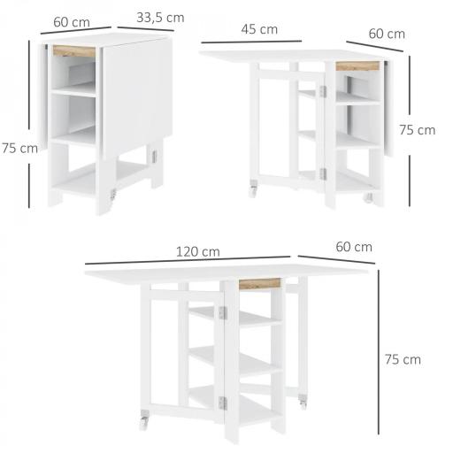 Mesa de Cocina Plegable con Alas Abatibles 2 Ruedas y Estantes Estilo Moderno 120x60x75 cm Blanco [1]