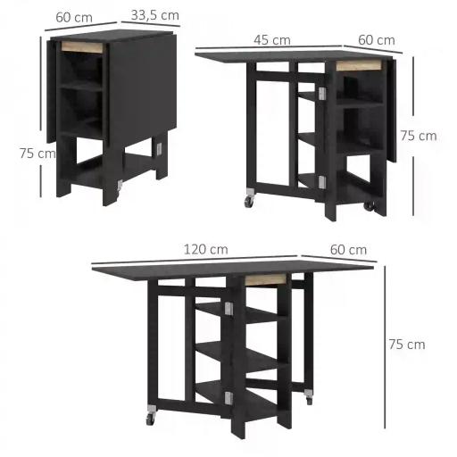 Mesa de Cocina Plegable con Alas Abatibles 2 Ruedas y Estantes Estilo Moderno 120x60x75 cm Negro [1]