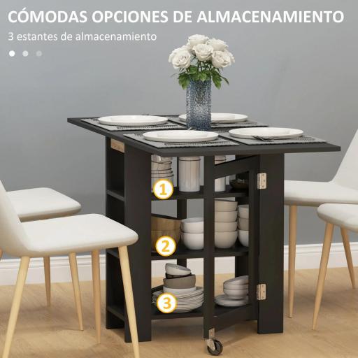 Mesa de Cocina Plegable con Alas Abatibles 2 Ruedas y Estantes Estilo Moderno 120x60x75 cm Negro [2]