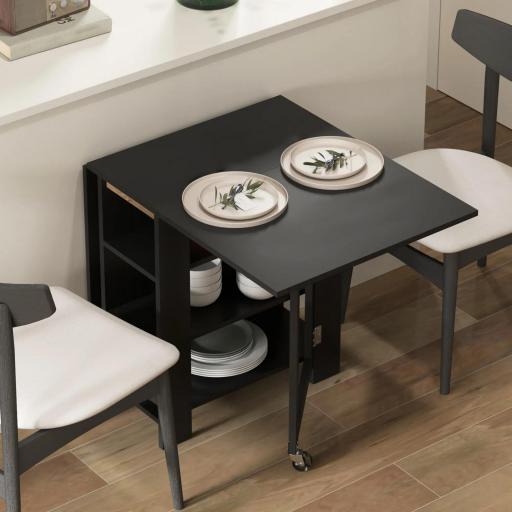 Mesa de Cocina Plegable con Alas Abatibles 2 Ruedas y Estantes Estilo Moderno 120x60x75 cm Negro [7]